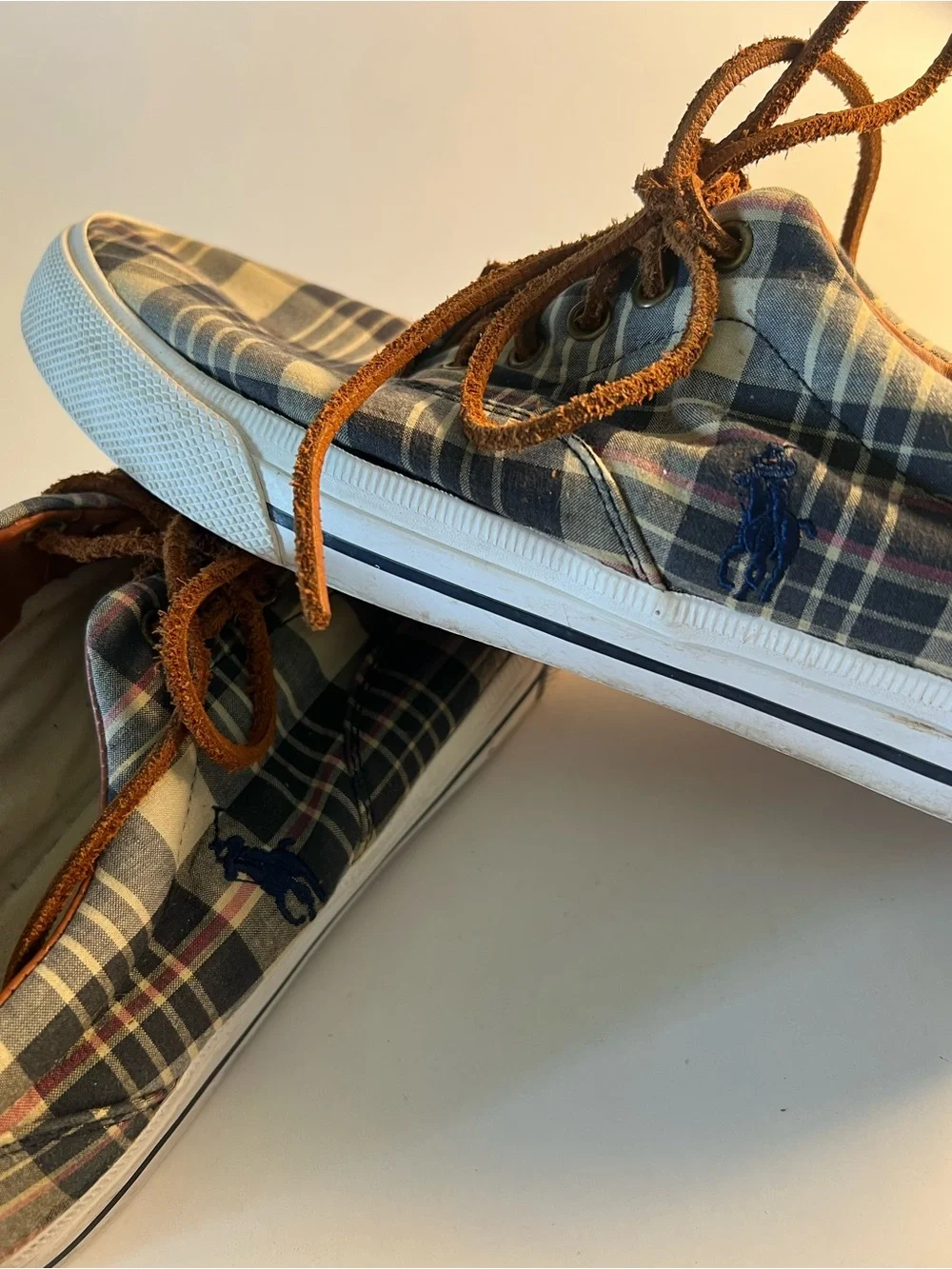 Polo Ralph Lauren Plaid Canvas Low-Top Sneakers in Blue and Brown Size 13